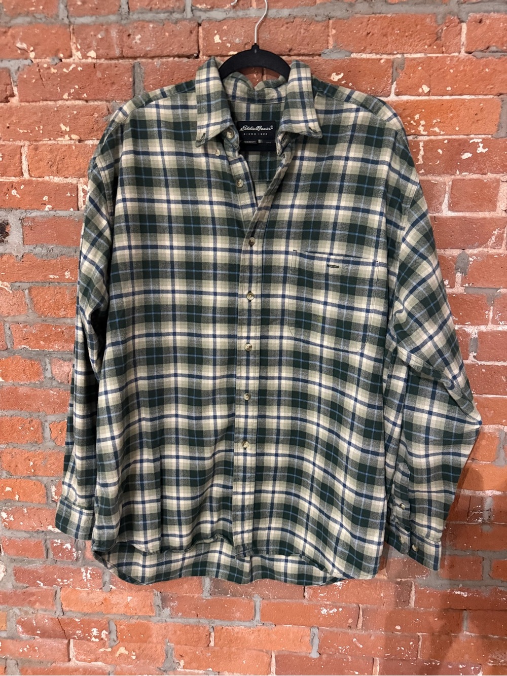 Eddie Bauer Green and Cream Plaid Button-Down Shirt